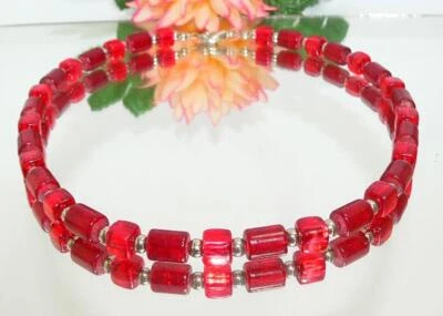 Halskette Kette Walzen Glas Würfel crash krakelee rot hellrot silbereinzug  101l - Bild 1 von 4