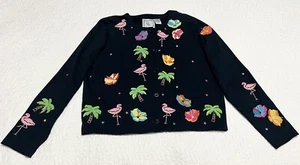 Michael Simon Lite bestickte schwarze Baumwoll Strickjacke Palme Flamingo Hibiskus - Bild 1 von 7
