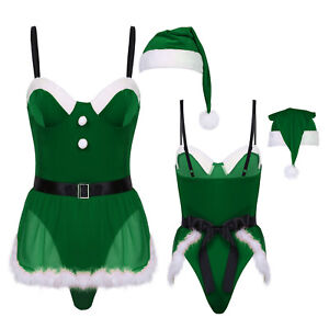 Women's Shiny Leather Christmas Costume Set Velet Bodysuit + Santa Hat Nightwear