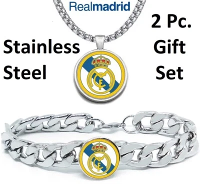 Gran Real Madrid Fútbol Hombre Set Regalo Acero Inoxidable 24" Collar Pulsera D4D30 Foto 1 de 4