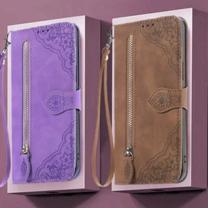 For Samsung Galaxy S24 S23 S22 Ultra S21 FE A53 A56 A34 Leather Wallet Zip Cover - Picture 1 of 19