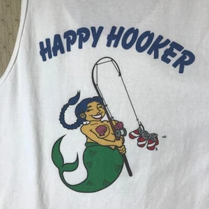 HAPPY HOOKER Crew Tank Top Shirt Sz M White Mermaid Fishing Beer Beach Lake Gym - Picture 1 of 12