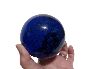 Cobalt Blue Bullicante Art Glass Paperweight Round Heavy Orb Controlled Bubbles - Picture 1 of 12