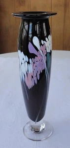 1991 Rick Janet Nicholson Blown Glass 11" Black White Plum Flare Top Cased Vase - Bild 1 von 10