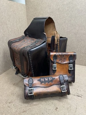 Hand Made Leather Saddle Bags - Set With Two Tool Bags - Brown & Black MWP - Image 1 of 4