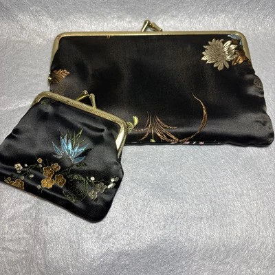 Vintage 80s Chinese Silk Brocade Clutch Purse Embroidered & Coin Purse - Image 1 of 4