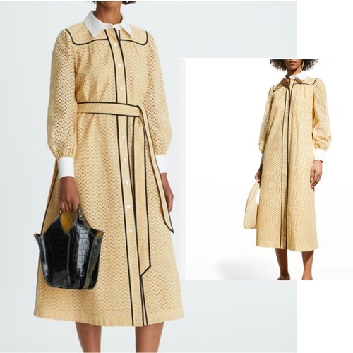 Abito Camicia Midi Tory Burch Honeycomb Eyelet Artist in Sun Glo Taglia 12 NUOVO