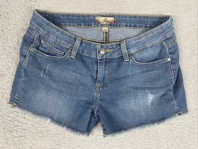 Женские джинсовые шорты Paige 28 (30x3) синие искусственно состаренные с вырезом подол средняя стирка - Изображение 1 из 4