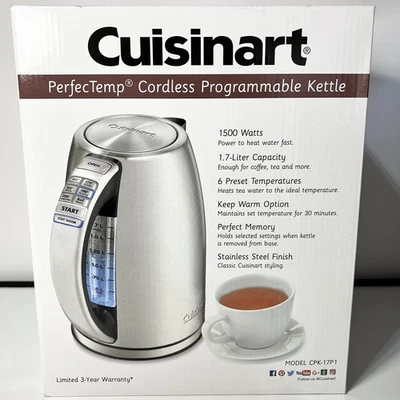 New Cuisinart Perfectemp 1.7L Cordless Electric Kettle CPK-17P1 Stainless Steel - Image 1 of 4