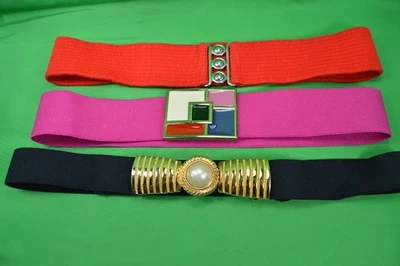 Lot of 3 Women's Stretch Belts,Red,Fushia Enamel Buckle,Black W/ Gold,Large,Z - Image 1 of 3