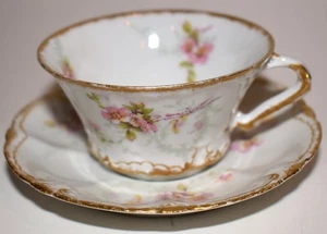 Antique Theodore Haviland Cup Saucer Pink Moss Rose Floral Gold France FreeS&H - Picture 1 of 11