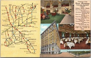 Tarjeta postal de NASHVILLE, Tennessee HOTEL HERMITAGE vista múltiple/mapa de carretera c1930 - Imagen 1 de 2
