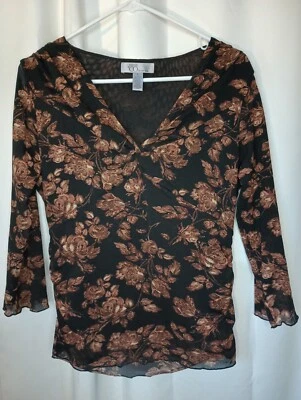 Nine Co Y2K Dark Floral Babydoll Top Large Mesh Fitted Cinch Fairy Grunge - Image 1 of 4