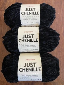 Brand New 3 Skeins Premier Just Chenille Yarn - Black - Picture 1 of 3
