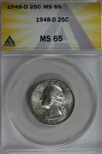 1948-D .25 ANACS MS 65 Washington Quarter, Silver 25 Cents (0.25) - Picture 1 of 2