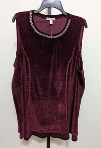 Dress Barn Women's Plus Sleeveless Burgundy Velvet Rhinestone Tunic Top Sz 3X - Picture 1 of 10