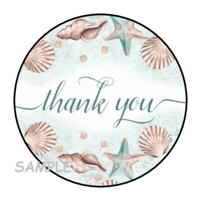 PARTYMOMMY 30 THANK YOU SEA SHELLS ENVELOPE SEALS LABELS STICKERS 1.5" ROUND OCEAN SEASHELL