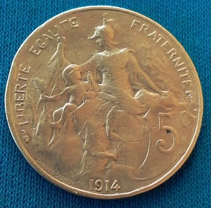 5 Centimes 1914. France coin, REPUBLIQUE FRANÇAISE DANIEL-DUPUIS, Bronze ! - Picture 1 of 2