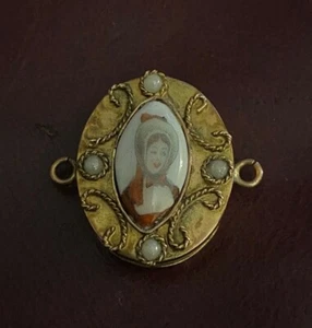 Antique 10K Yellow Gold Seed Pearl Transferware Portrait On Porcelain Slide - Picture 1 of 5