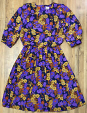 Vintage Shelly Michaels Purple Yellow Floral Pleated Blouson Dress Women’s 15/16