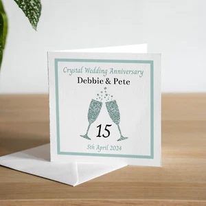 Personalisierte Karte 15. Kristall Hochzeitstag Sektglas Ehemann Frau - Bild 1 von 3