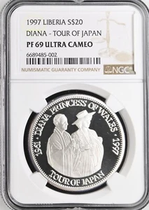 1997 LIBERIA SILVER 20 DOLLARS DIANA - TOUR OF JAPAN - NGC PF 69 ULTRA CAMEO - Picture 1 of 2