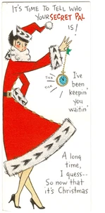 Cute Holiday Lady Girl Dressed As Mrs Claus Vintage Glitter Christmas Card. - Picture 1 of 3