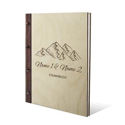 Stammbuch Birkensperrholz Gravur personalisiert Echt-Leder A5 - Berge - Bild 1 von 4