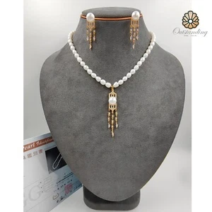 Real Natural White Pearl 9mm Necklace Earrings Set Beads 9ct Gold Filled Silver - Picture 1 of 24