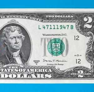 TRAILING YEAR 1947 (L 4711 1947 B) $2 Two Dollar Bill Serial Number 2017A *UNC* - Picture 1 of 4