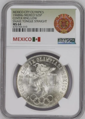 :1968 Mo S25-PESOS MEXICO CITY OLYMPICS NGC MS64 UNEVEN RINGS STRAIGHT TONGUE II - Image 1 of 2