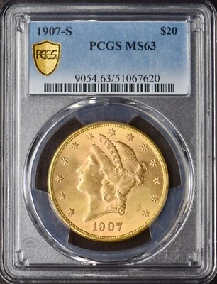 1907-S $20 Gold Liberty Head Double Eagle - PCGS MS63 Gold Shield ✪COINGIANTS✪ Foto 1 de 2