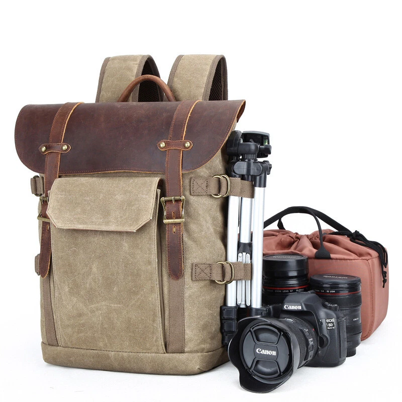Waterproof Waxed Canvas DSLR Camera Backpack Bag Rucksack For Canon Nikon Sony - Image 1 of 4