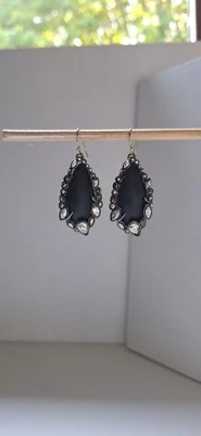 ALEXIS BITTAR BLACK LUCITE, CRYSTAL LACE, FRENCH HOOK DROP DANGLING EARRINGS - Image 1 of 4