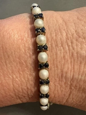 正品蓝色蓝宝石和文化珍珠网球手链 925 纯银 8 英寸 — 第 1/4 张图片