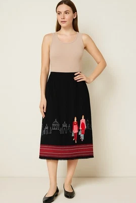 De Colección Caballete Negro Bordado Falda Paisaje Urbano Mujeres Figuras Arte Boho Talla S Foto 1 de 4