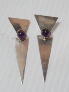 VINTAGE MEXICAN / SOUTHWESTERN STERLING SILVER AMETHYST MODERNISTEARRINGS - Picture 1 of 3