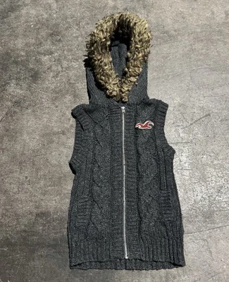 Vintage Y2K Hollister Gray Cable Chunky Knit Fur Hood Vest Full Zip Small - Image 1 of 4