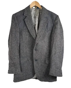 Pendleton Wool Herringbone Western Blazer Jacket Gray Suede Yoke Elbow Patch 38 - Picture 1 of 12