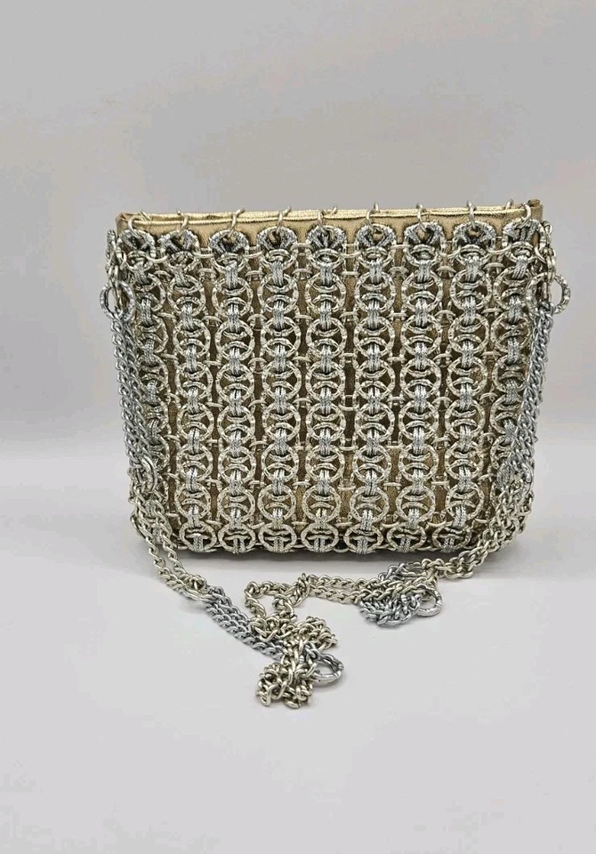 Bolsa de mão vintage Walborg Paco Rabanne anos 60 prata ouro metal corrente correio elo - Imagem 1 de 4
