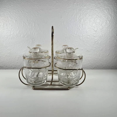 Juego de tarros de mermelada de latón y vidrio grabado MCM vintage y carrito de metal 4 piezas Foto 1 de 4