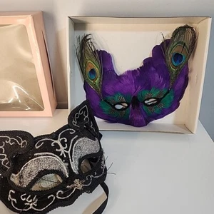 Lot Of 2 MARDI GRAS FEATHER MASQUERADE MASKS w/ BEAD NECKLACES COSTUME SEQUENCE - Picture 1 of 9