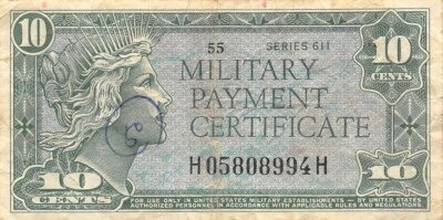 USA / MPC  10  Cents  1961  Series  611  Plate 55  Circulated Banknote  HJ 3 - Image 1 of 2