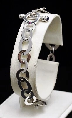 Pulsera ROBERTO COIN ORO BLANCO 18K eslabones ovalados con extremo de zafiro palanca aplausos Foto 1 de 4