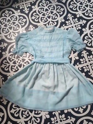 Vintage 1960s Smocked Dress Baby Blue Size 5-6 - Image 1 of 4