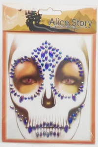 Halloween Day Of The Dead Sugar Skull Diamante Jewels Sticker Face Gems Blue/GLD - Picture 1 of 3