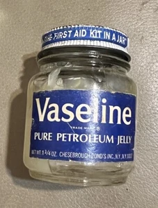 Vintage Vaseline White Petroleum Jelly 1 3/4oz Glass Jar Blue Seal Package  - Picture 1 of 5