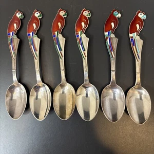 Enamel Parrot Decoration Silver Spoon Set 916 Mark Soviet Rare Lot Of 6 - Picture 1 of 10