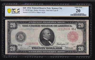 US 1914 $20 FRN Kansas City Sello Rojo FR 961b PCGS 20 (397) ESCASO SOLO 9 CONOCIDOS Foto 1 de 2