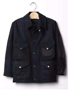 NWT $88 GAP KIDS Boys Wool Blend Plaid Black & Dark Blue Jacket - Size XS (4-5)  - Picture 1 of 7